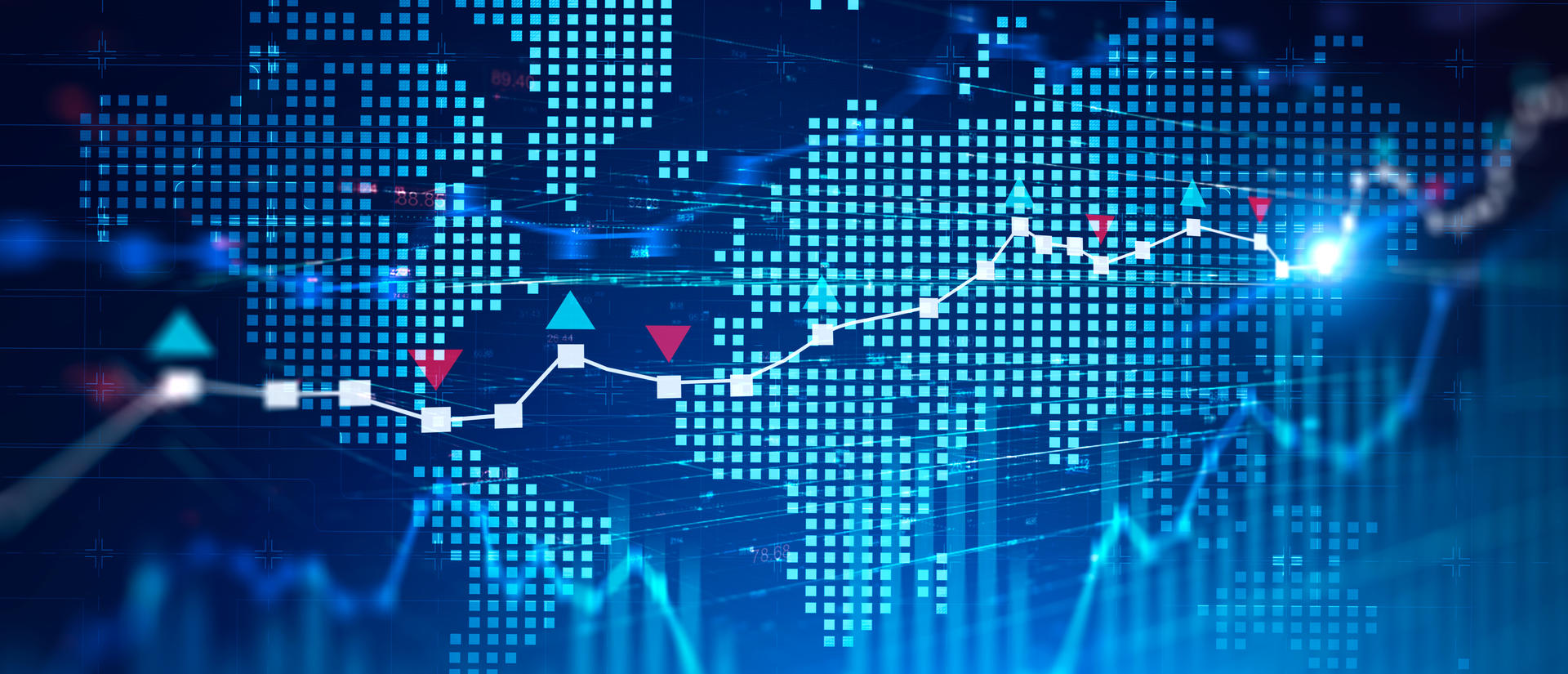 Image of a global map with graphs superimposed over the top in blue colors